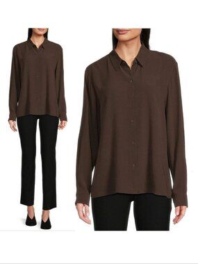 EILEEN FISHER Silk Georgette Crepe SHIRT XXS Classic Collar Wren Brown NEW $278
